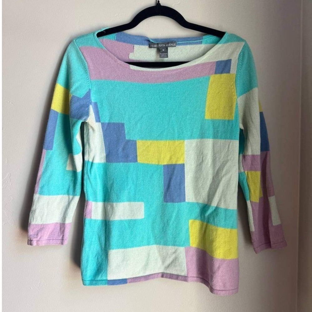 Saks Fifth Avenue 100% Cashmere Pastel Colorblock Sweater M Preppy Old Money